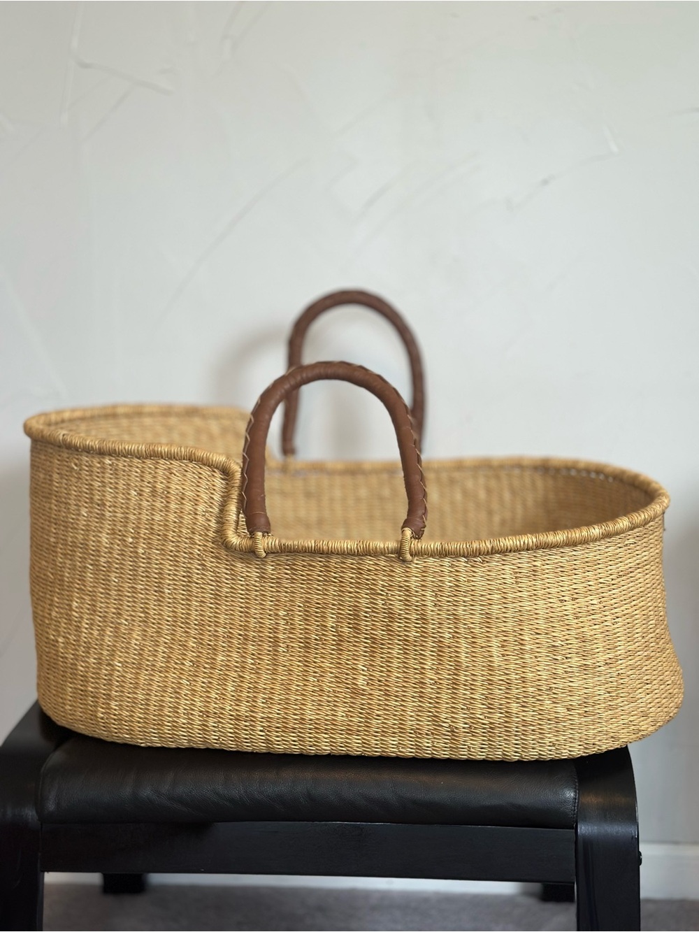 MOSES BASKET Design Dual Natural Seagrass Baby Basket with Brown Leather Handles